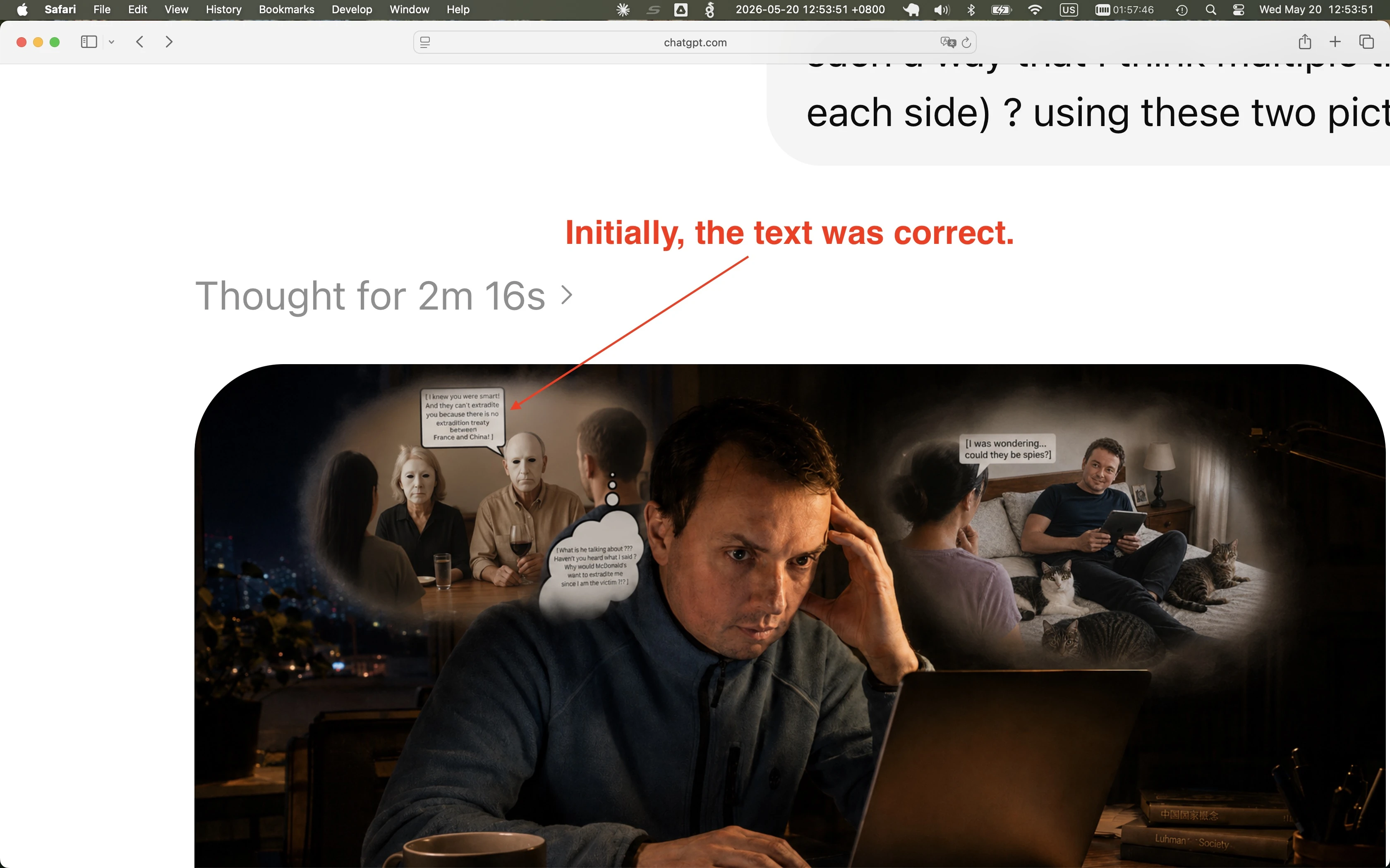 Capture d'écran du même message ChatGPT, défilé vers le haut pour que l'image composite fraîchement générée soit en pleine vue. Une annotation rouge dessinée à la main indique « Initially, the text was correct. » avec une flèche pointant vers la bulle de pensée à gauche (la scène du dîner). Les deux bulles de pensée contiennent le texte original des illustrations sources : à gauche, le personnage masqué évoquant un traité d'extradition France–Chine ; à droite, le soupçon d'éventuelles affiliations au renseignement américain.