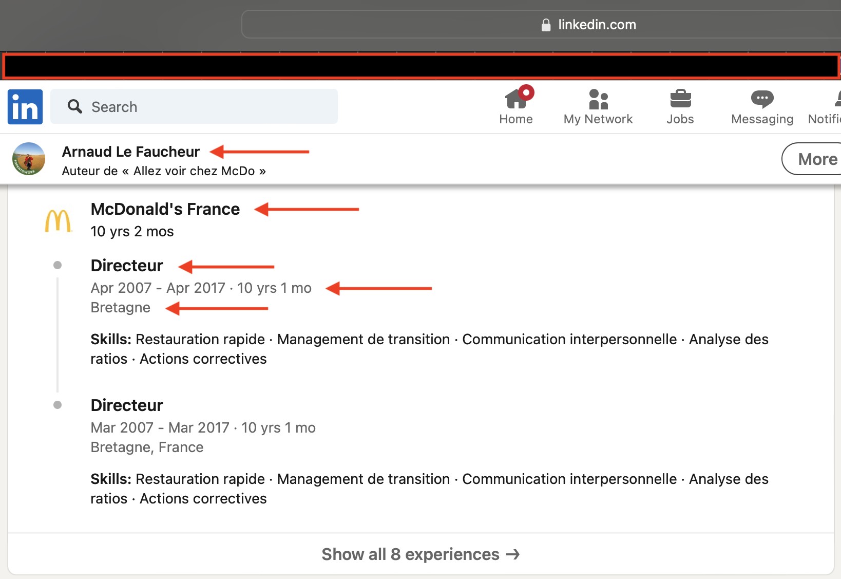 Profil LinkedIn d’Arnaud Le Faucheur faisant apparaître un emploi chez McDonald's