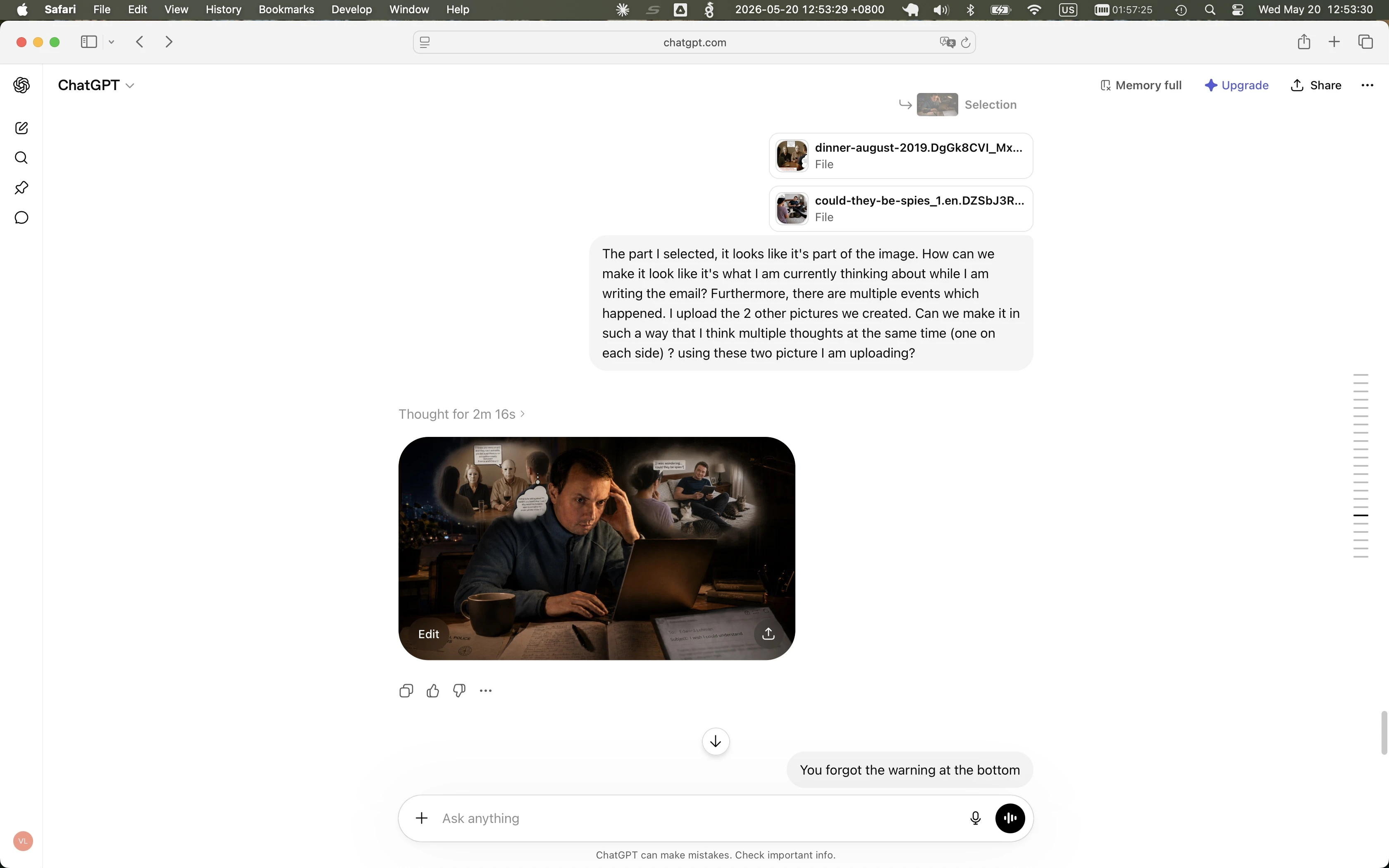 Capture d'écran de la conversation ChatGPT : je viens de téléverser deux illustrations antérieures générées par IA comme références (les noms de fichiers sont visibles : dinner-august-2019 et could-they-be-spies_1) et j'ai tapé une requête demandant à ChatGPT d'ajouter mon processus de pensée sous forme de bulles de pensée de chaque côté de la figure centrale. La réponse de ChatGPT, sous l'invite, est l'image composite résultante.
